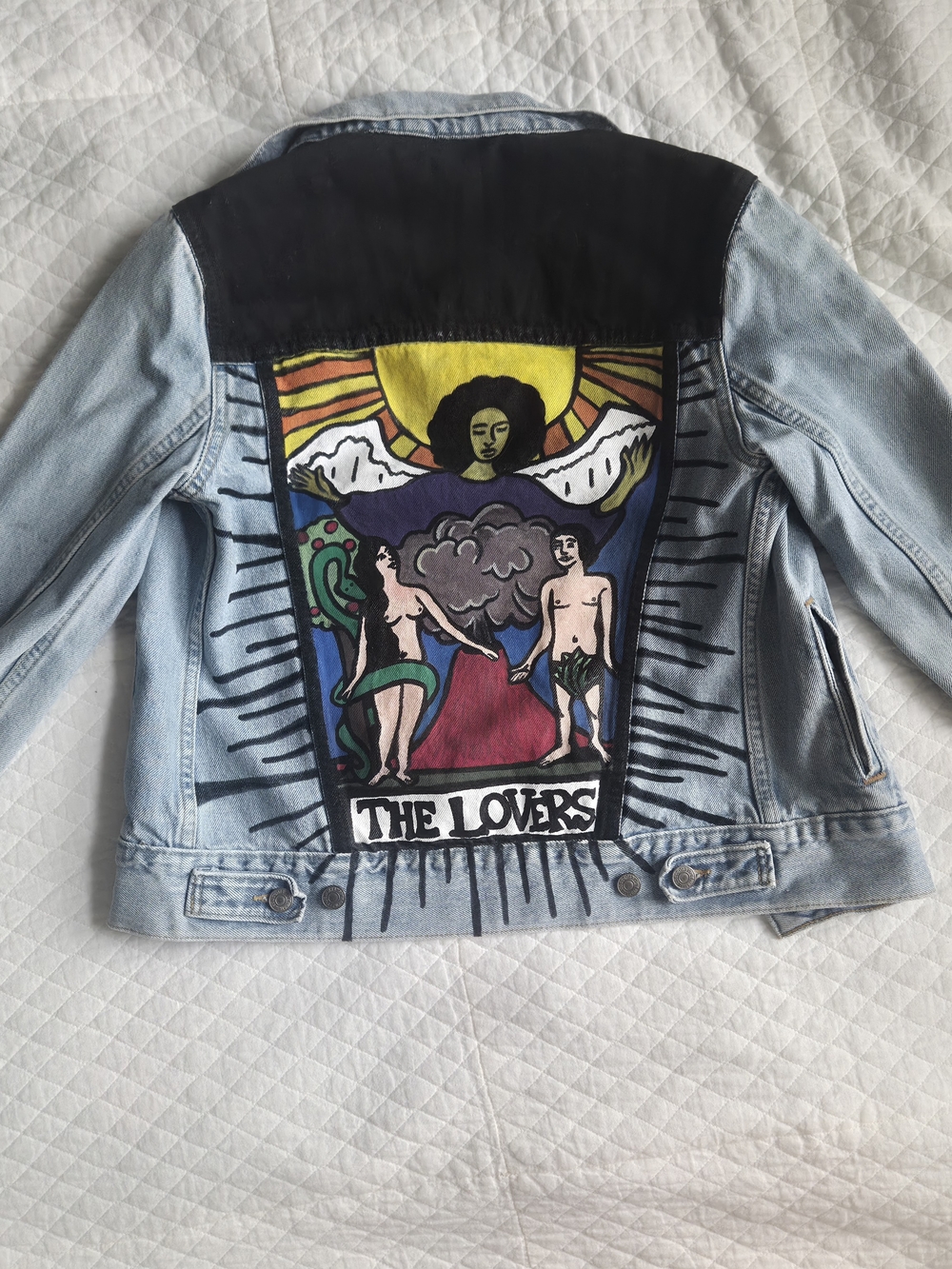 Hand-Painted Light Blue Denim Jacket with The Lovers Artwork